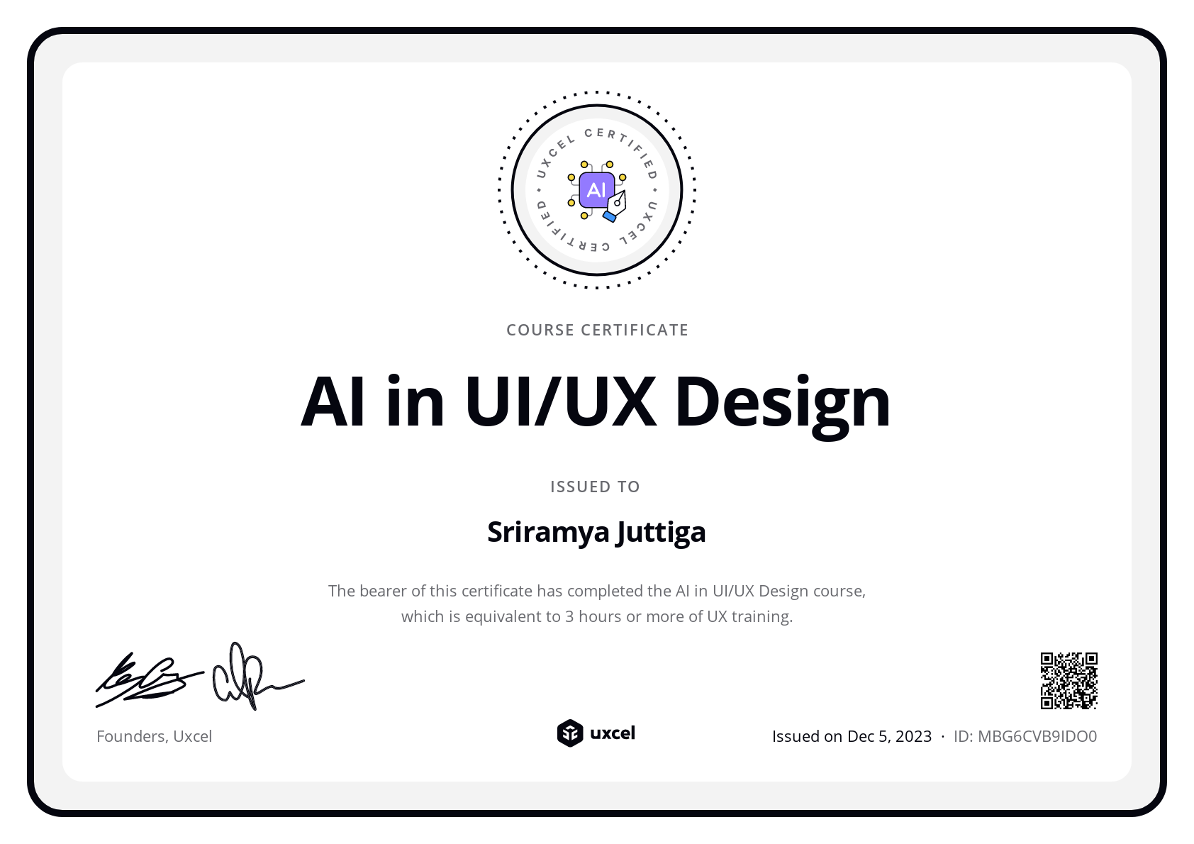 Sriramya Juttiga's certificate